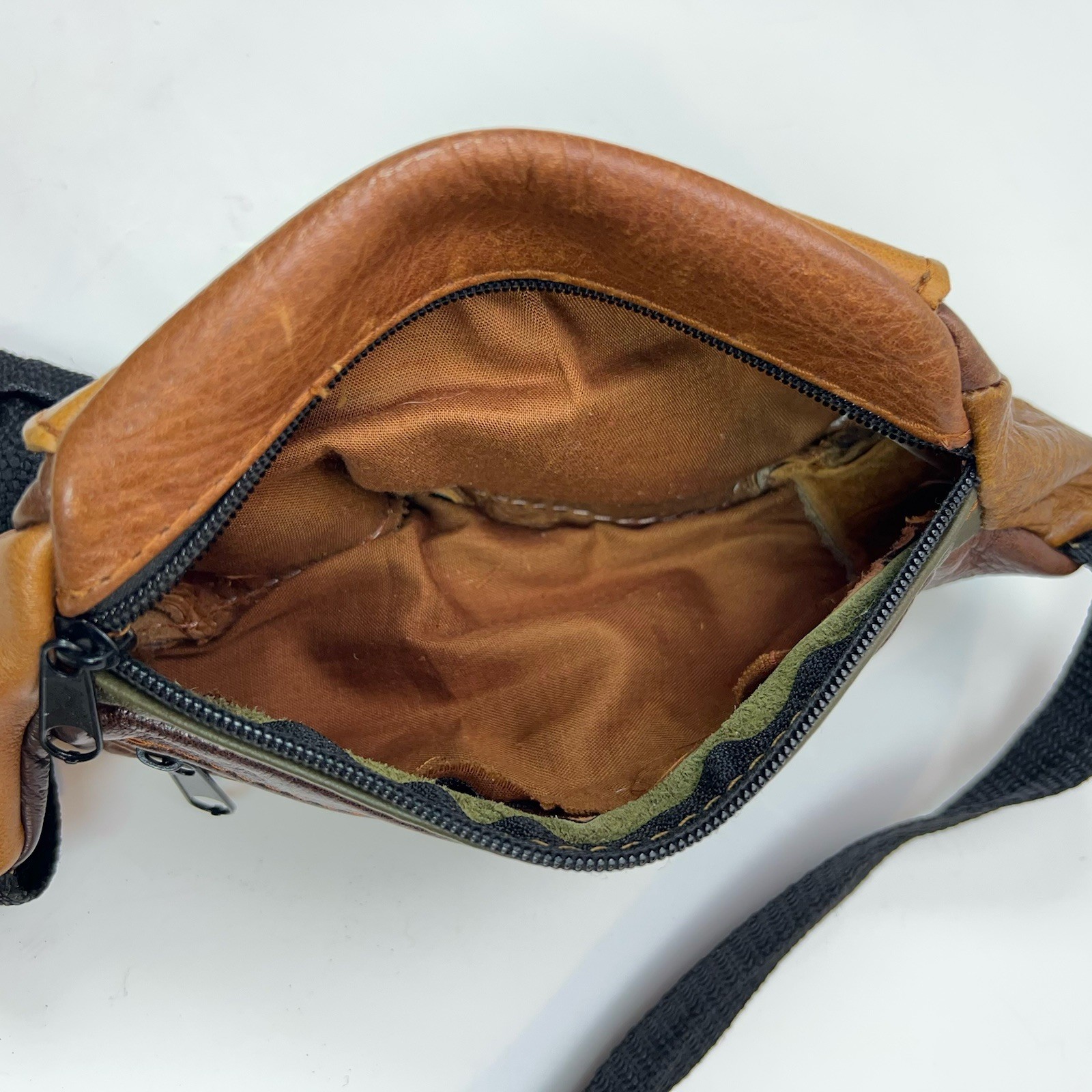 Vtg LEATHER Fanny Pack 90s Suede Patchwork Brown Waist Bag Straps Multi Pockets