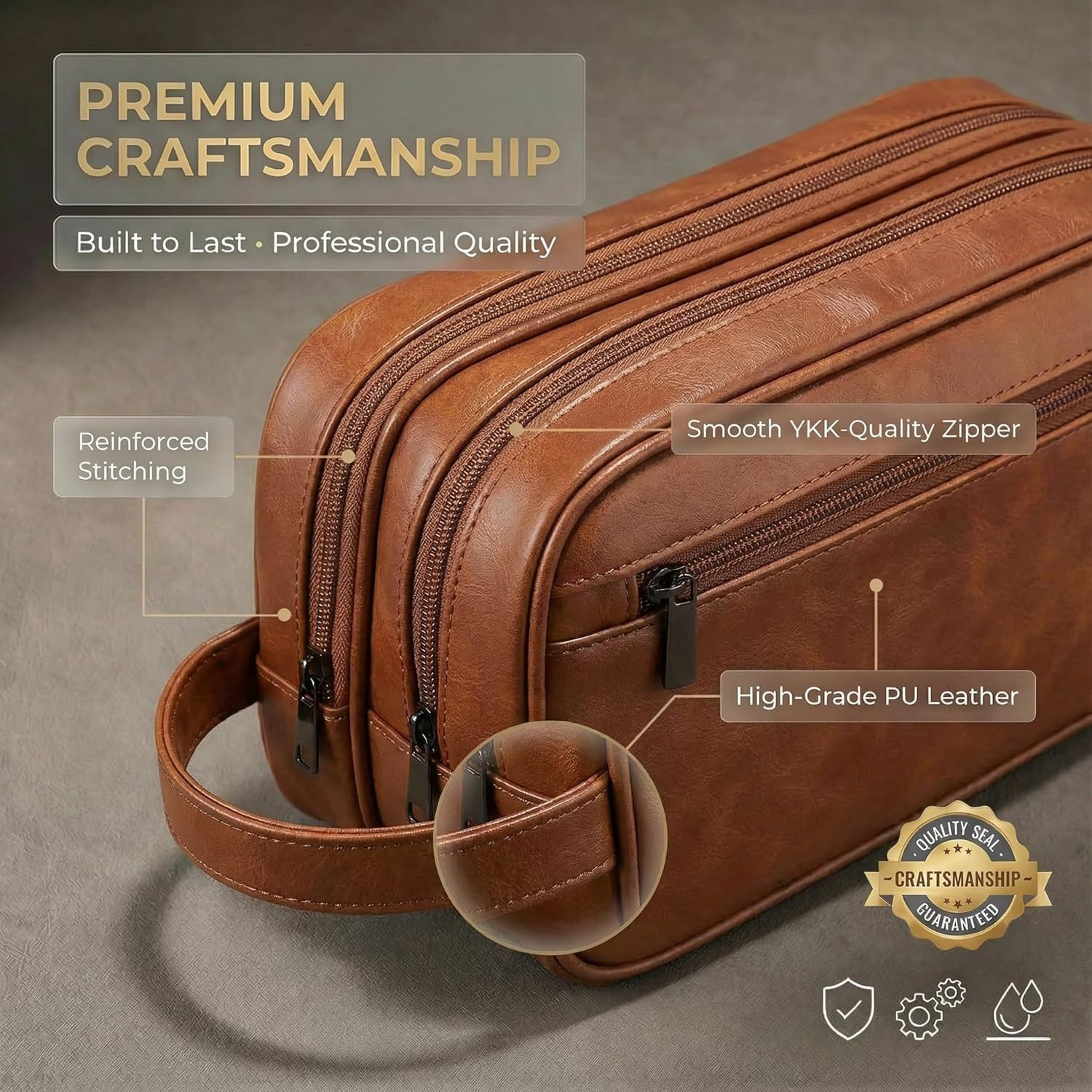Men’S Toiletry Bag Travel Dopp Kit – Double-Deck Leather Water-Resistant Shaving