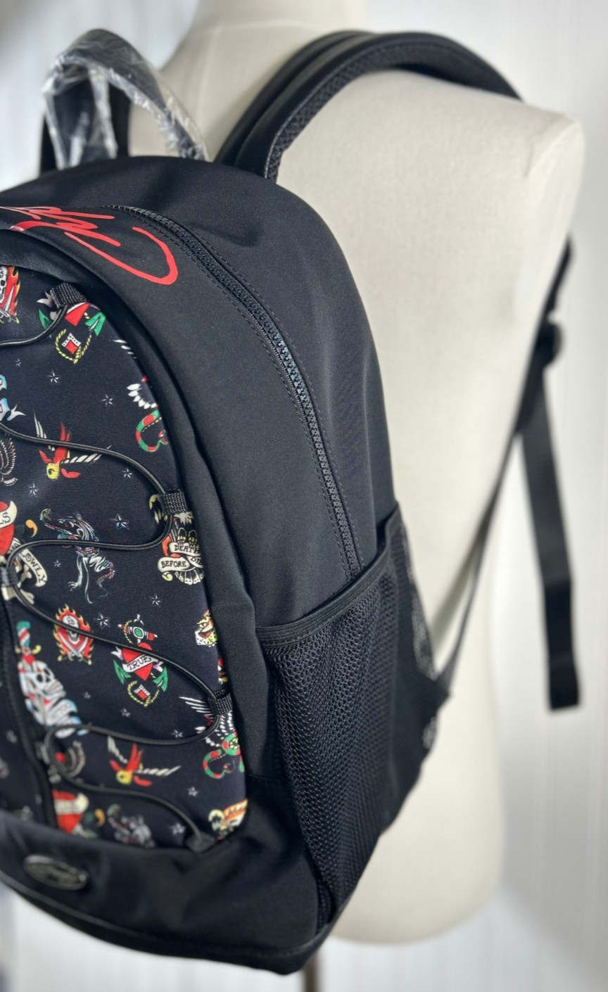 ED HARDY – Full Size NEW Backpack BLACK Multicolor Skull / Heart Tattoo Print