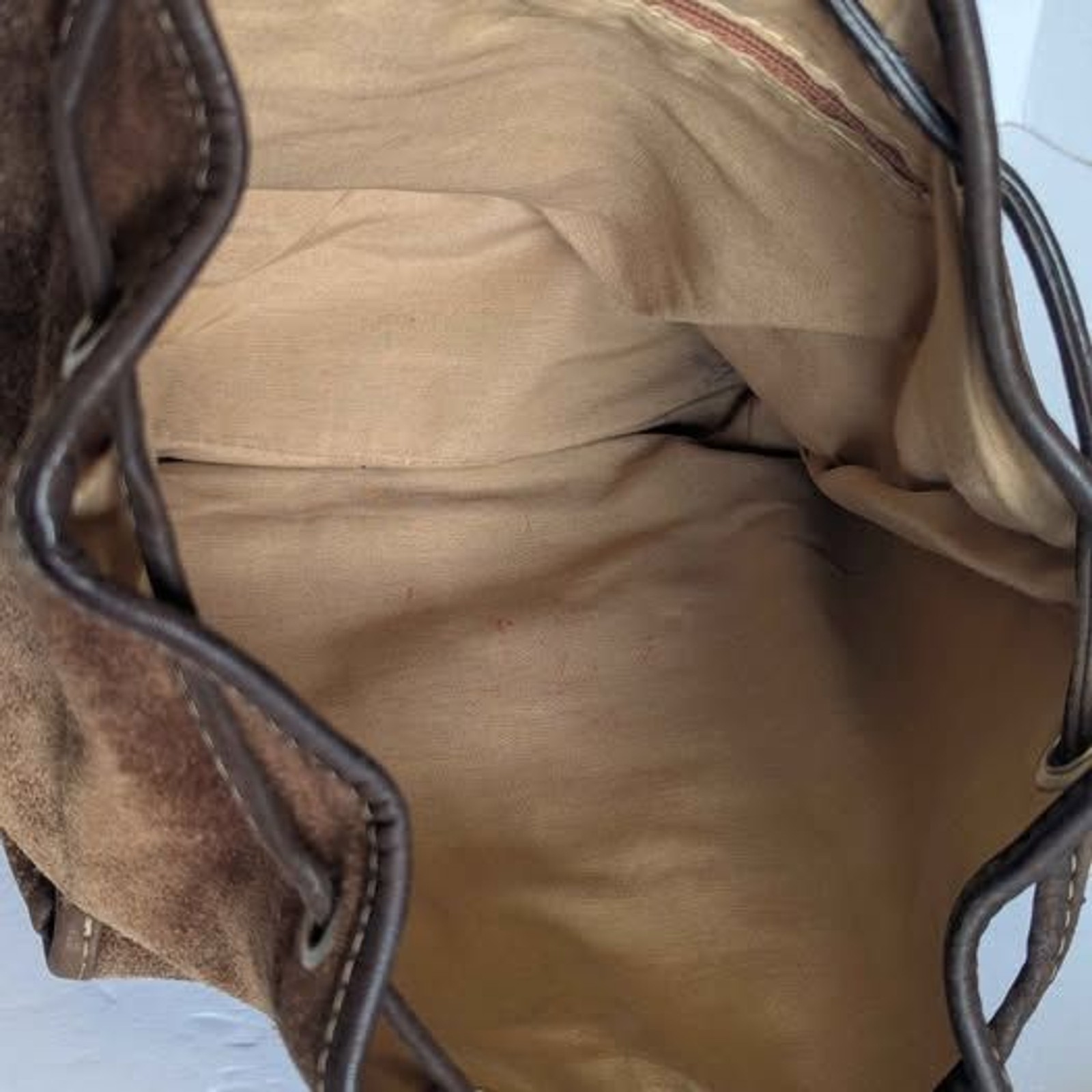 Vintage Tan Suede Leather Drawstring Backpack w Pocket 10x10x5″