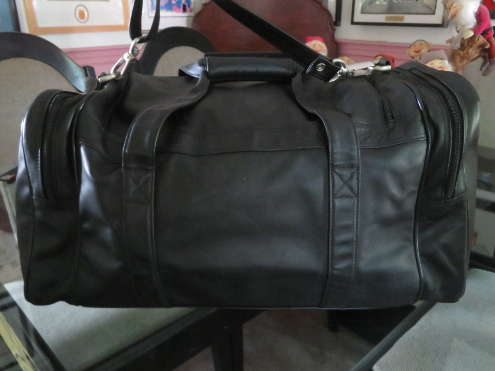 LEEDS Black Genuine Leather Duffel Bag Carry on Travel Gym Weekender 19”