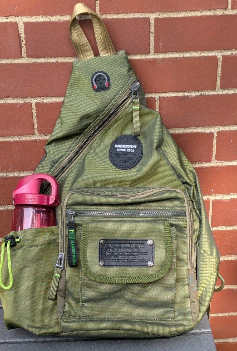 Kawei Knight Sling Pack Cross Body Travel Olive Green Multi Pocket Water Bottle