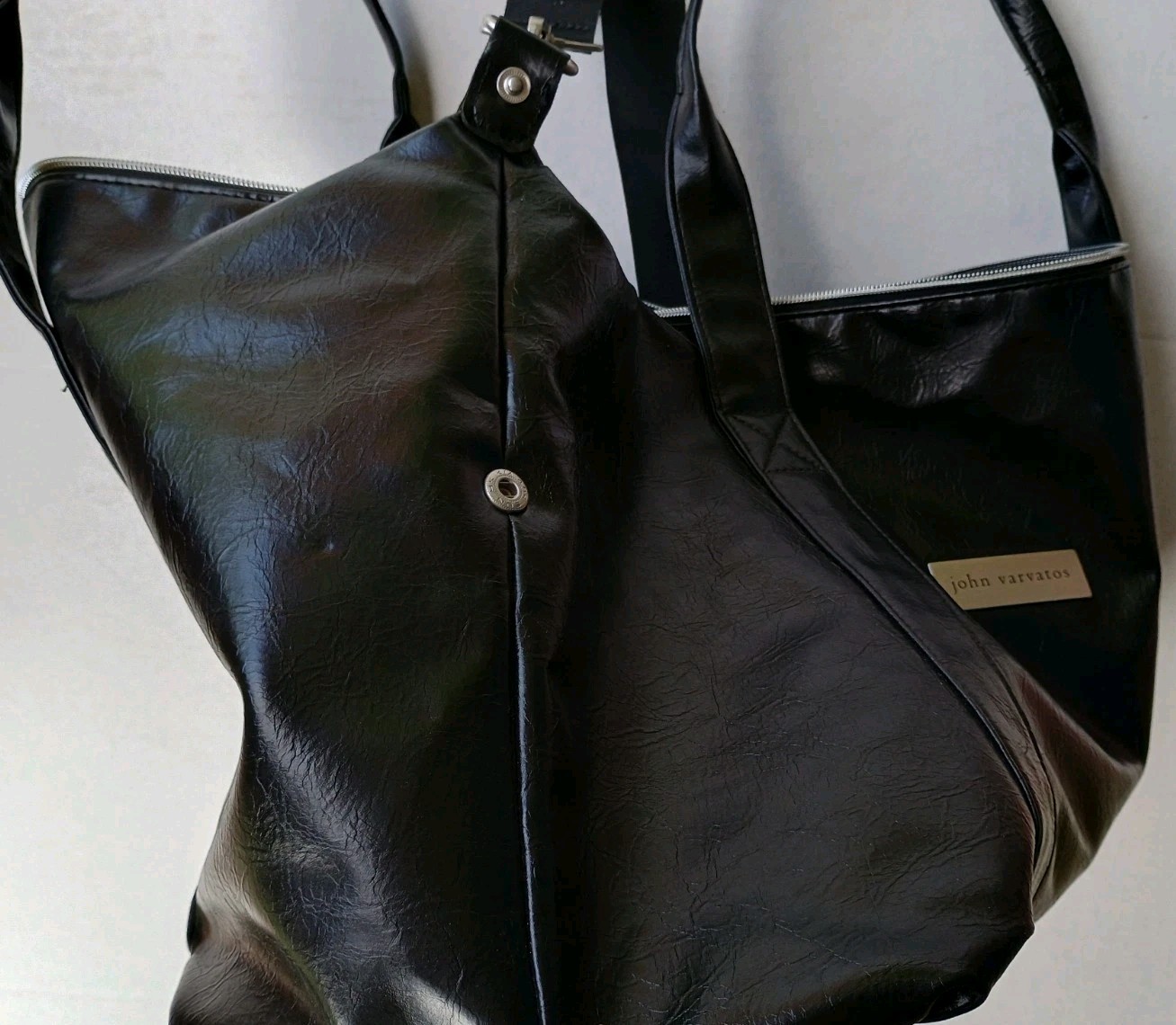 John Varvatos Faux Leather Duffle Large Tote Shoulder Weekend Bag GUC Black