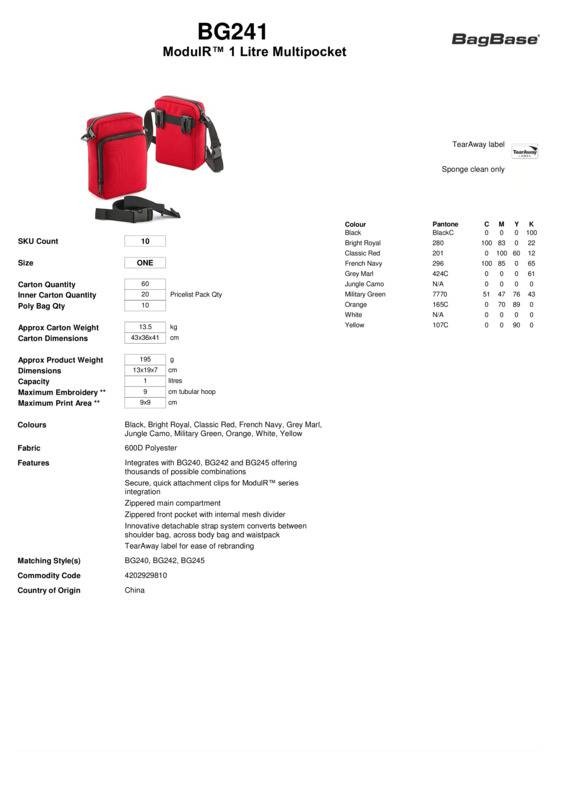 BagBase Modulr 1 Litre Multi Pocket BG241 – Travel Work Shoulder Carry Bag