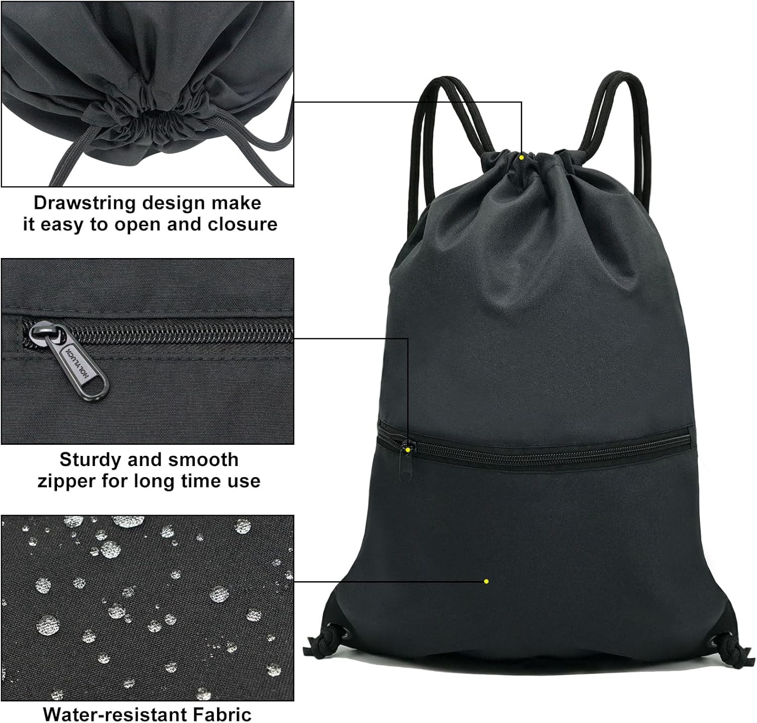 Drawstring Backpack Gym Sports Bag With Zipper Pocket Polyester Sack Ablack New