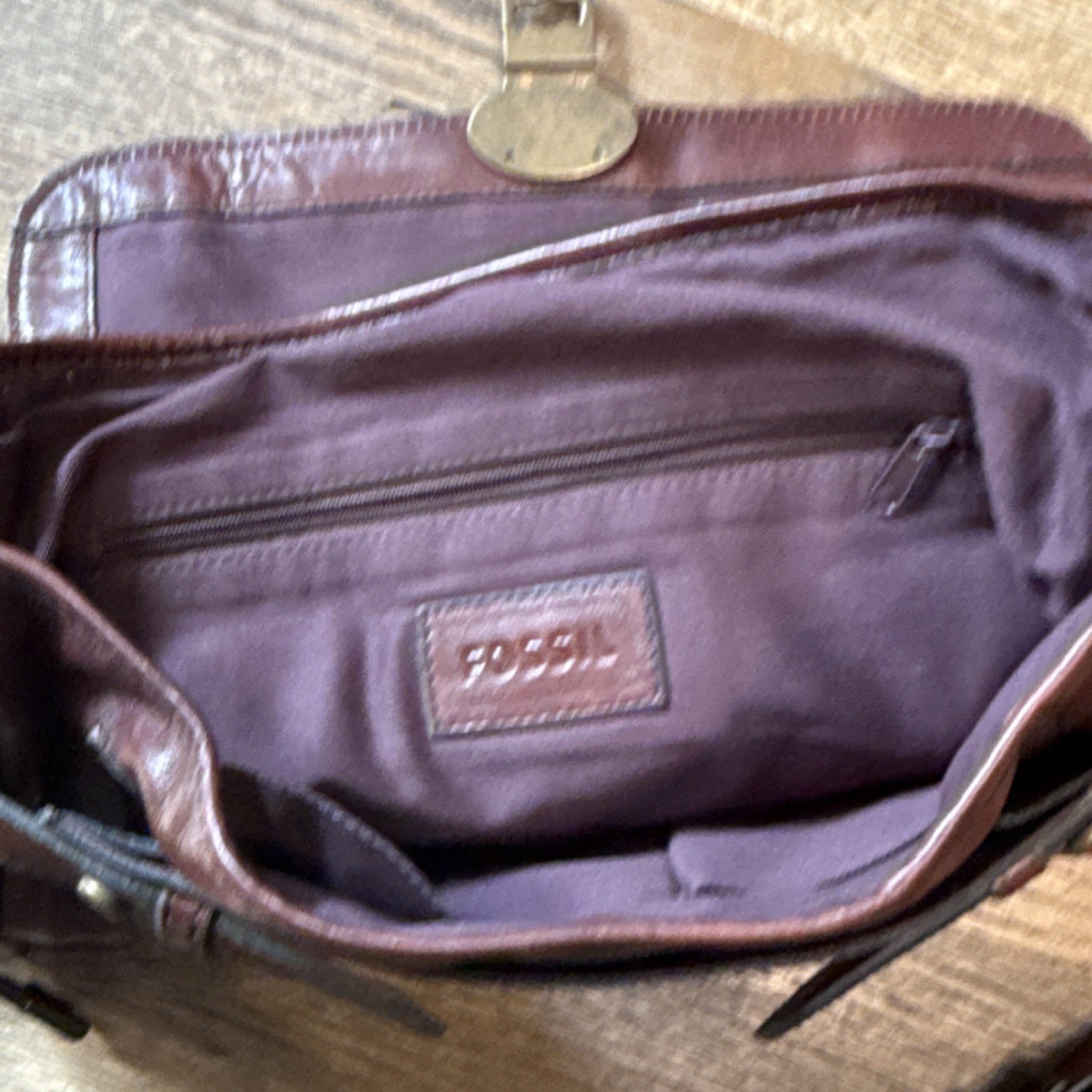Fossil Brown Messenger Bag Push Lock Top Handle Adjustable Strap Pockets