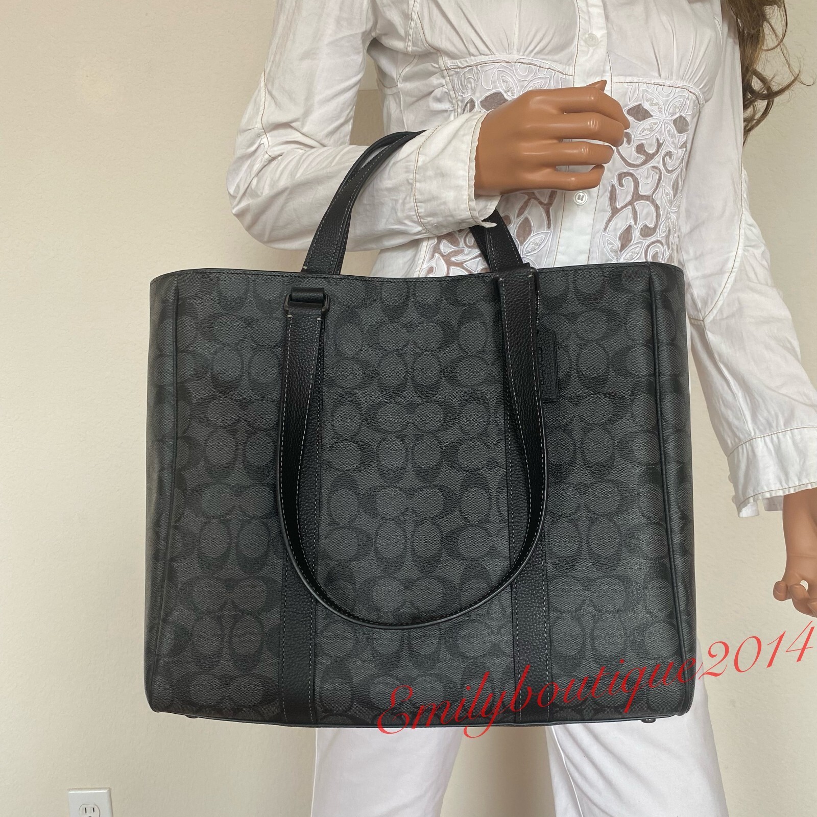 Coach CB849 Hudson Double Handle Tote Signature Canvas & Leather Charcoal Black