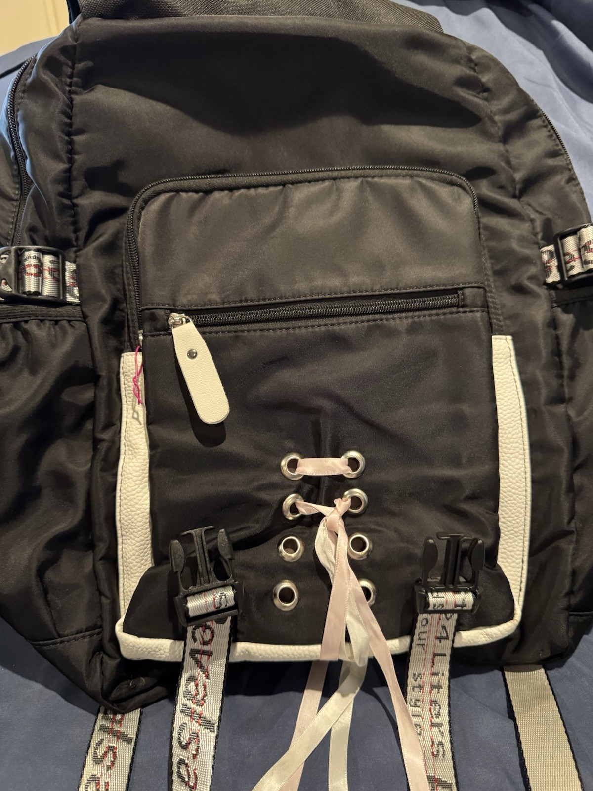 Bevalsa Black White Backpack with USB Port, Audio Pocket, Adjustable Straps