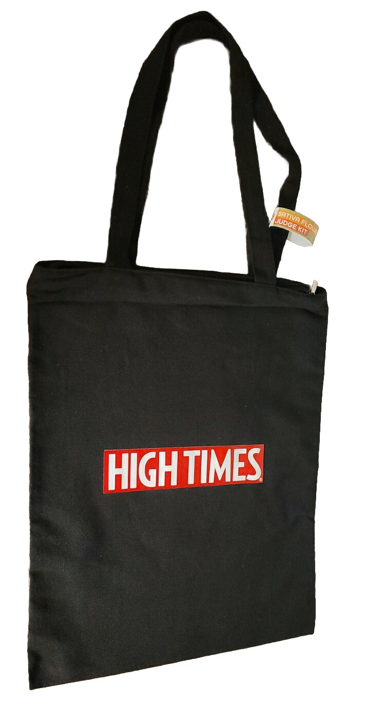 High Times Arizona 2023 Cannabis Cup Black Judges Tote Bag With Swag & Stickers.
