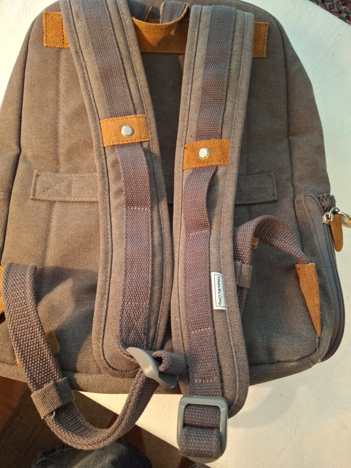 Travelon AntiTheft Heritage Collection Laptop Backpack Gray Canvas w/Suede Nw/oT