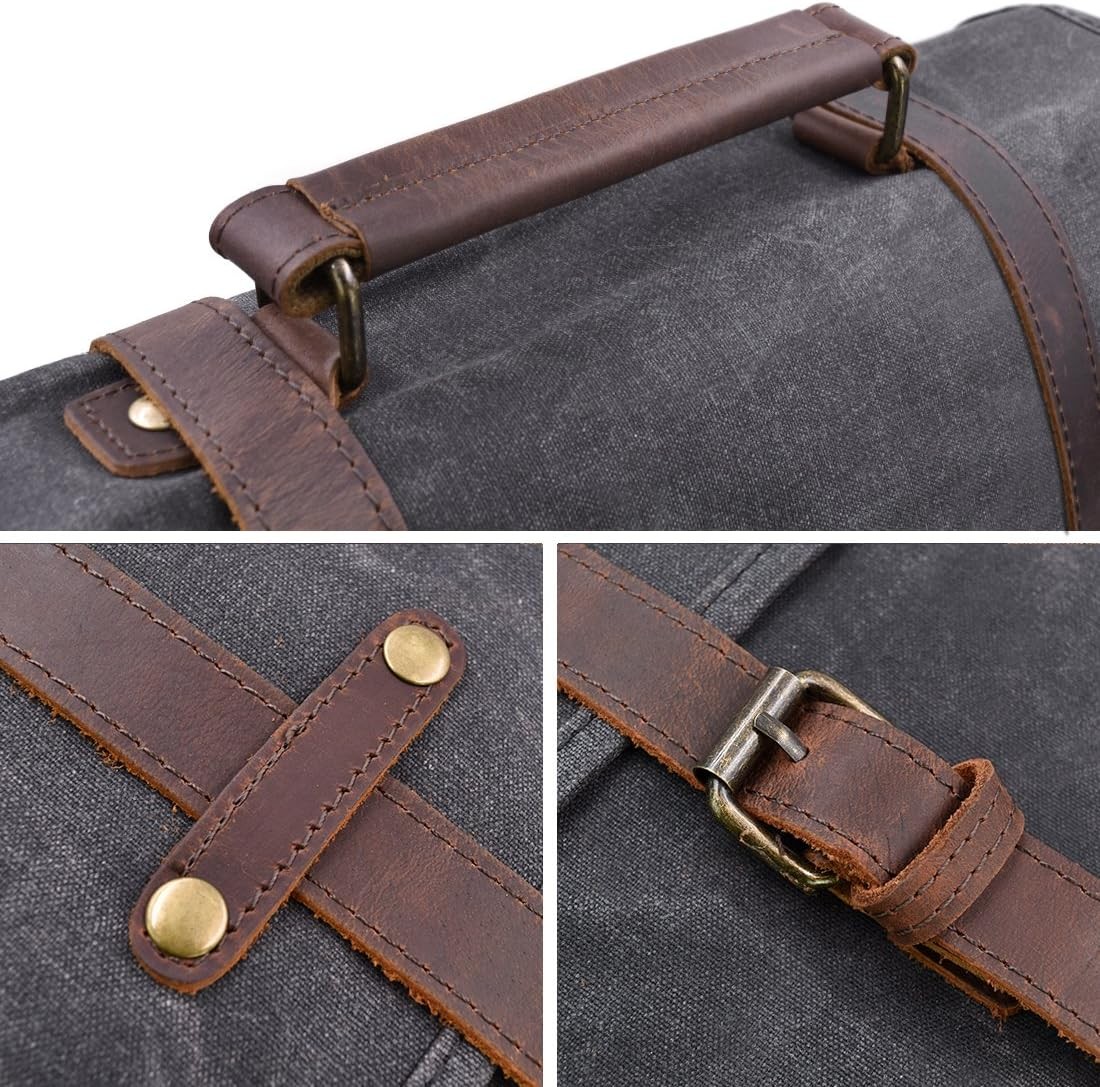Men’s 15.6″ Waterproof Leather Canvas Laptop Messenger Bag Grey Satchel