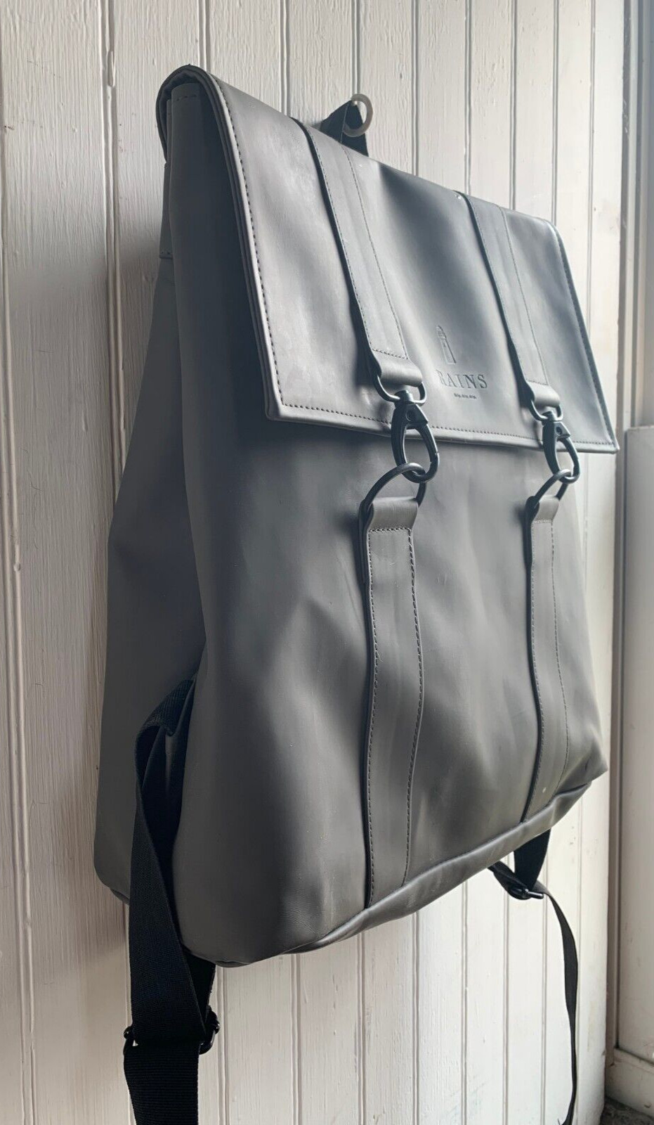 Rains MSN Gray Backpack Waterproof Minimalistic Carabiner Closure Laptop Pocket