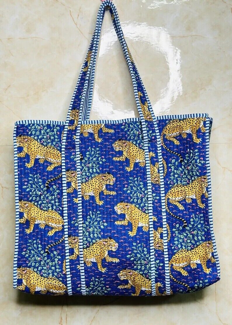 Multi Tiger Print Quilted Cotton Shoulder Bag Beach Style Women’s Handbag