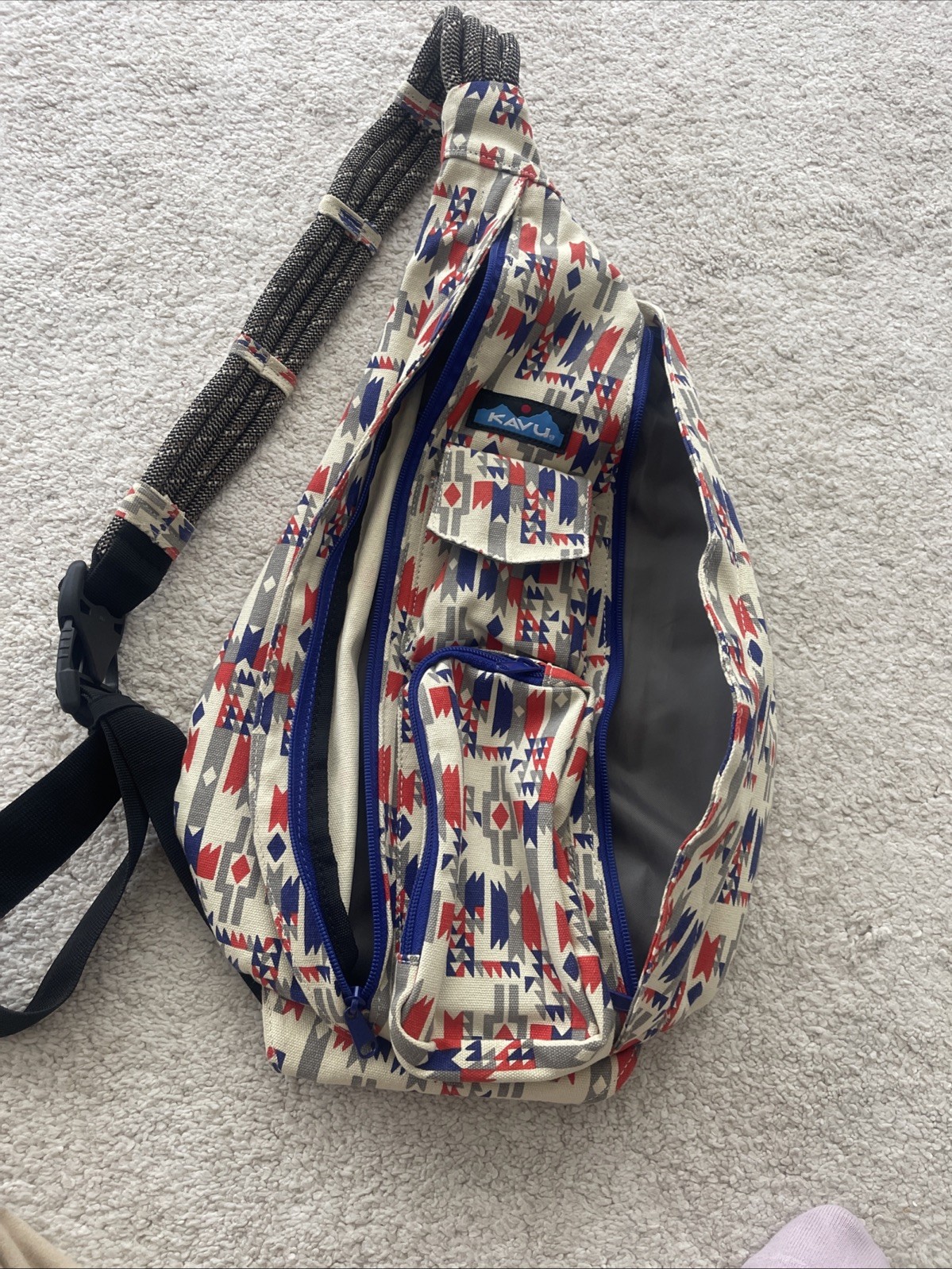 KAVU Sling Backpack Tribal Print Cotton Rope Strap Blue Red White
