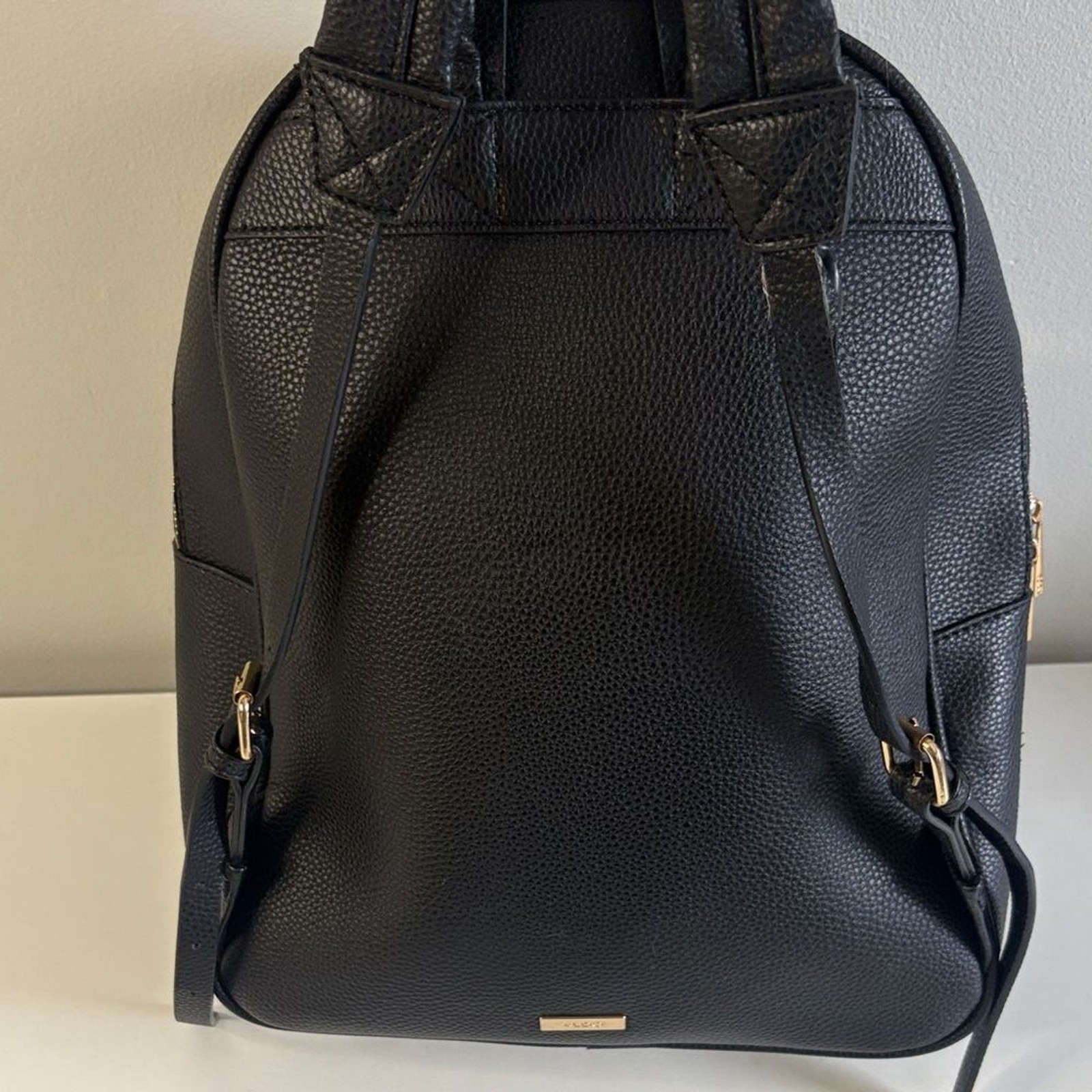 ALDO Black Pebbled Faux Leather Backpack Gold Zipper Minimalist Bag