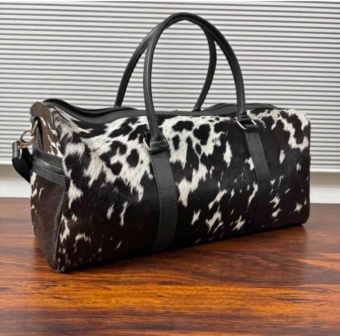 Hair On Cow Hide Duffle Bag, Handmade Leather Weekender Black & White Gym Bag.