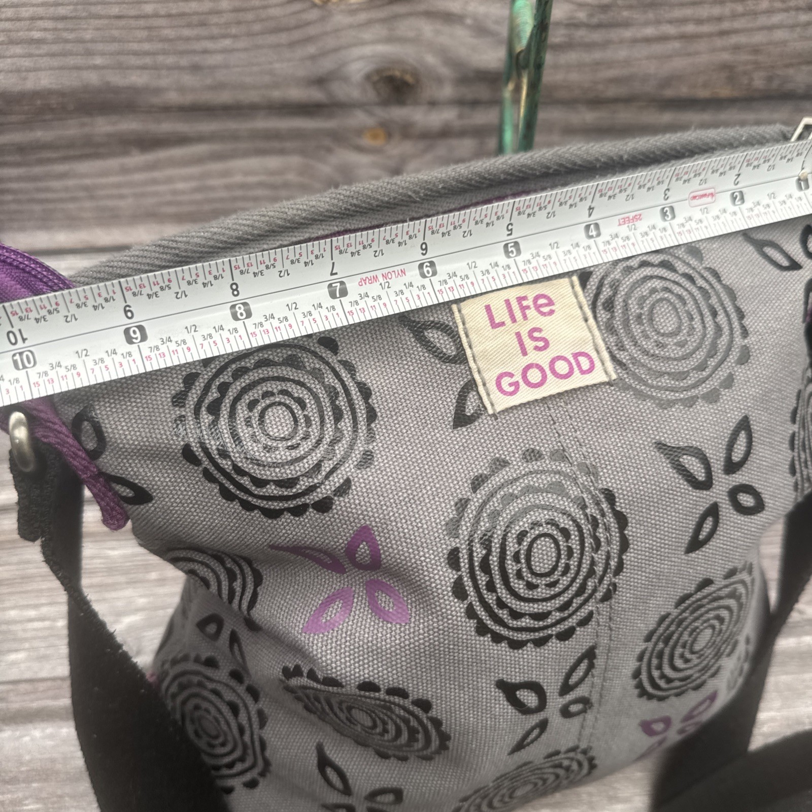 VTG Life Is Good GreyFloral Shoulder Bag Zip Top Adjustable Strap Lined Pockets