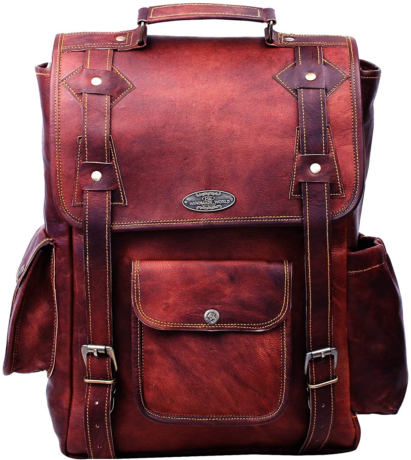New Brown 16 Inch Leather Backpack For Men Vintage Easy Open Push Lock Backpack