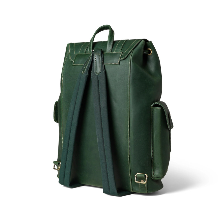 Leather Backpack Men Brown Green Laptop Office Travel Bag Double Shoulder Strap