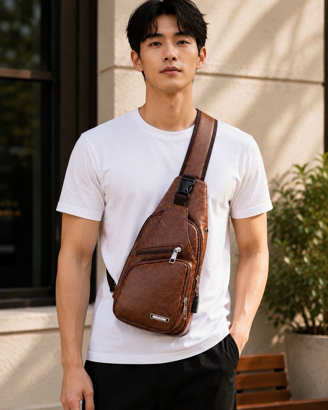 Chest Crossbody Bag Sling Backpack for Men with USB Charge Port Hole