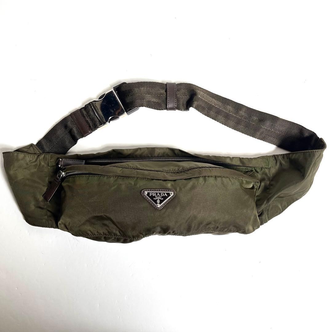 PRADA TESSUTO Nylon Body Bag Crossbody Waist Bag Khaki Triangle Plate