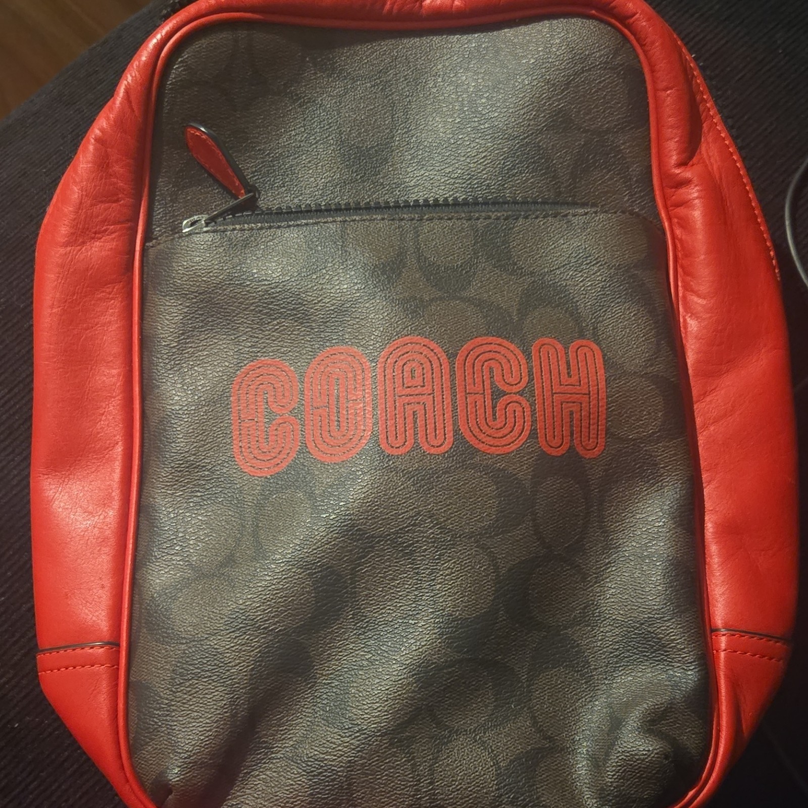 Coach Westway Backpack in colorblock signature canvas and red leather.