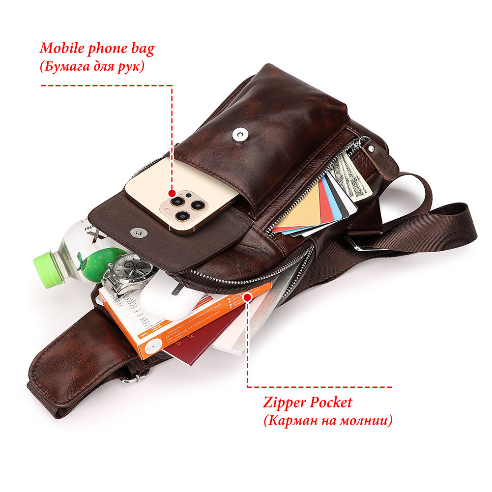 Chest Bag Genuine Leather Shoulder Crossbody Men’s Men Sling Casual Bags Retro