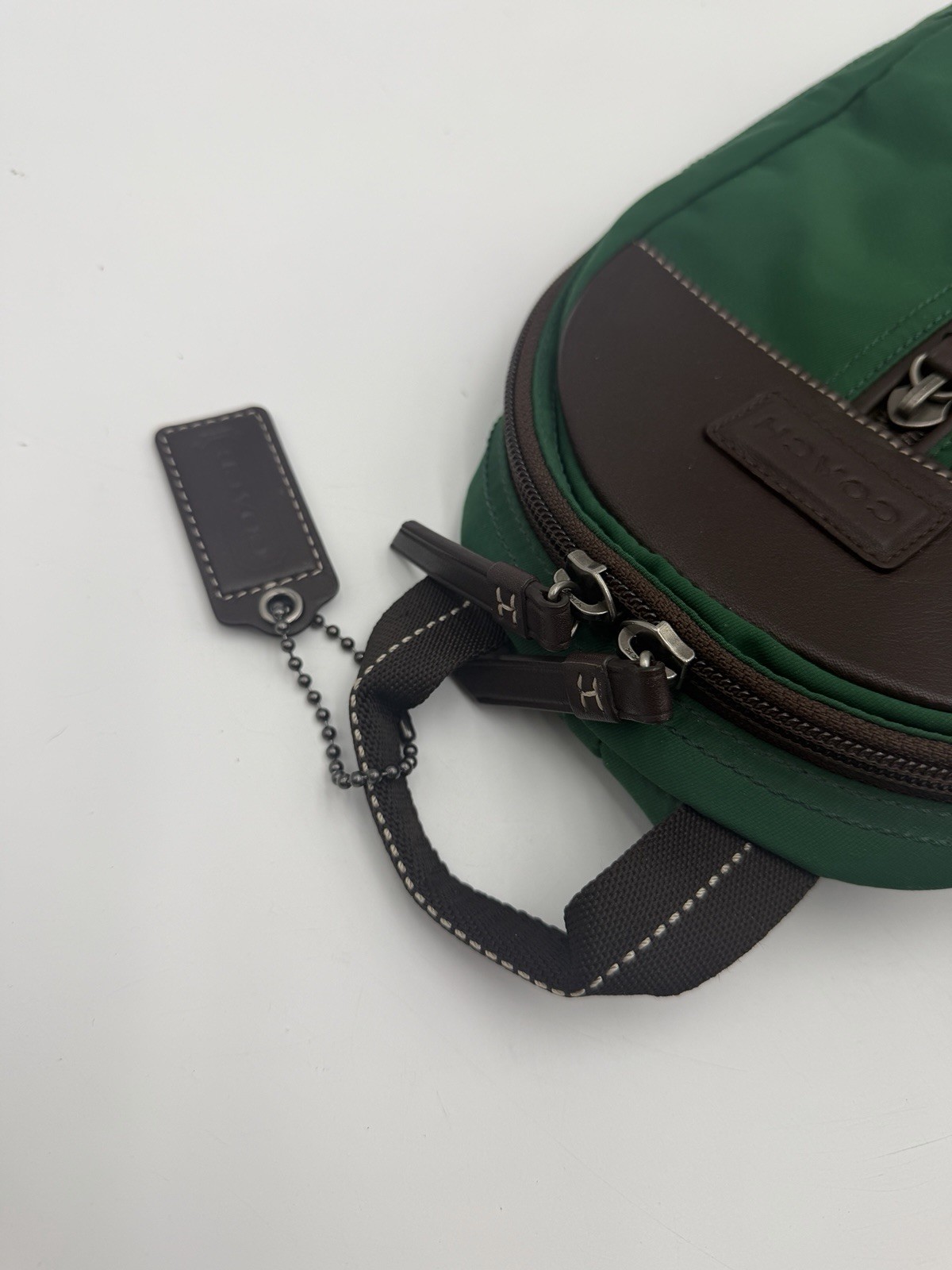 Coach Varick Nylon Sling Pack F70692 Green Brown Leather Crossbody Backpack Bag