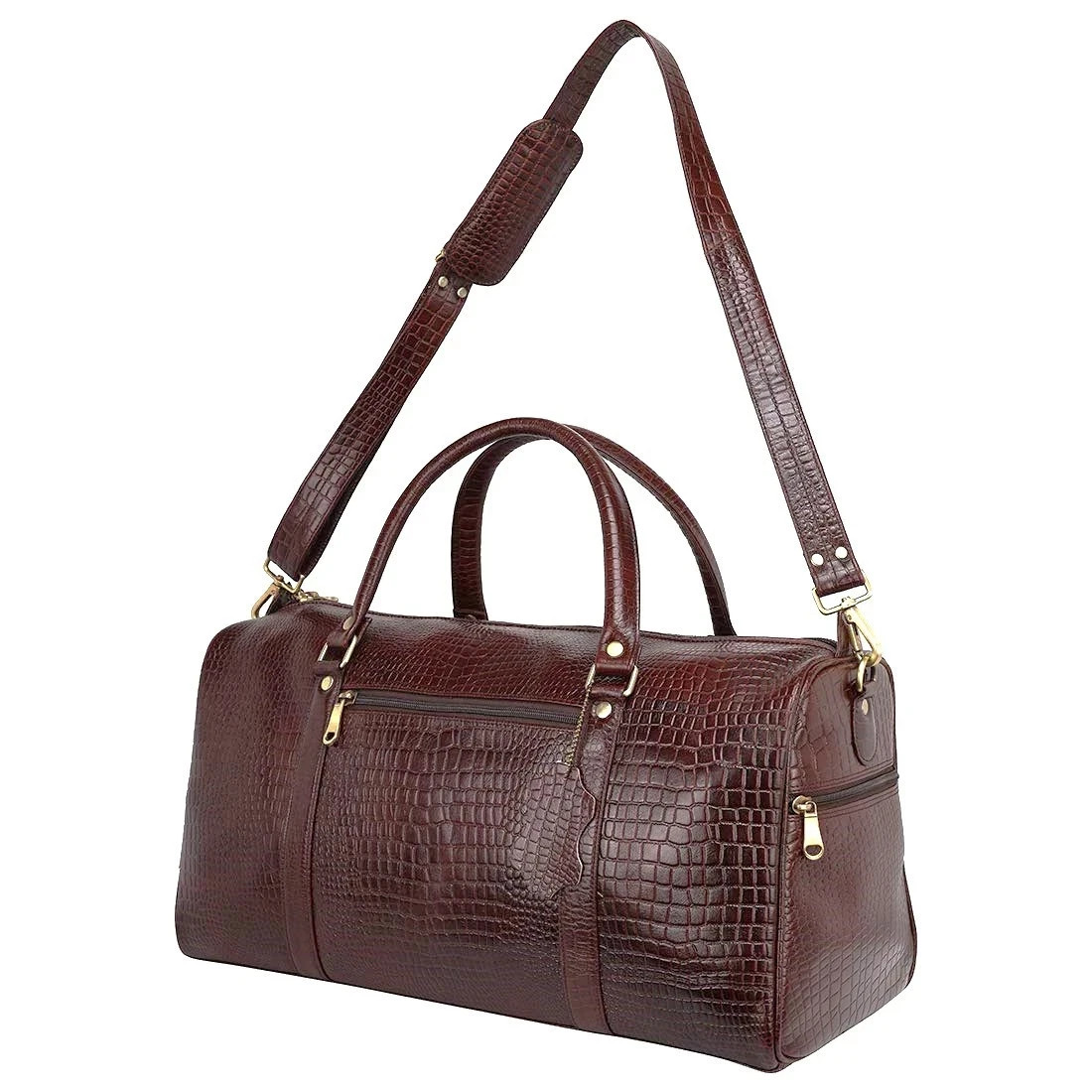 Full Grain Croco Leather Duffel Travel Bag for Holiday Weekend with Padlock