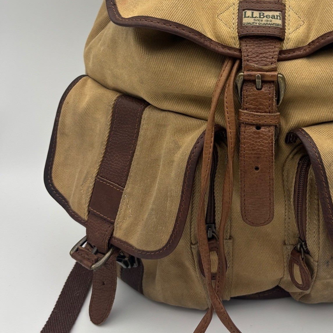 VINTAGE L.L. BEAN Rucksack Backpack Brown Canvas Leather Hiking RARE Utility Bag