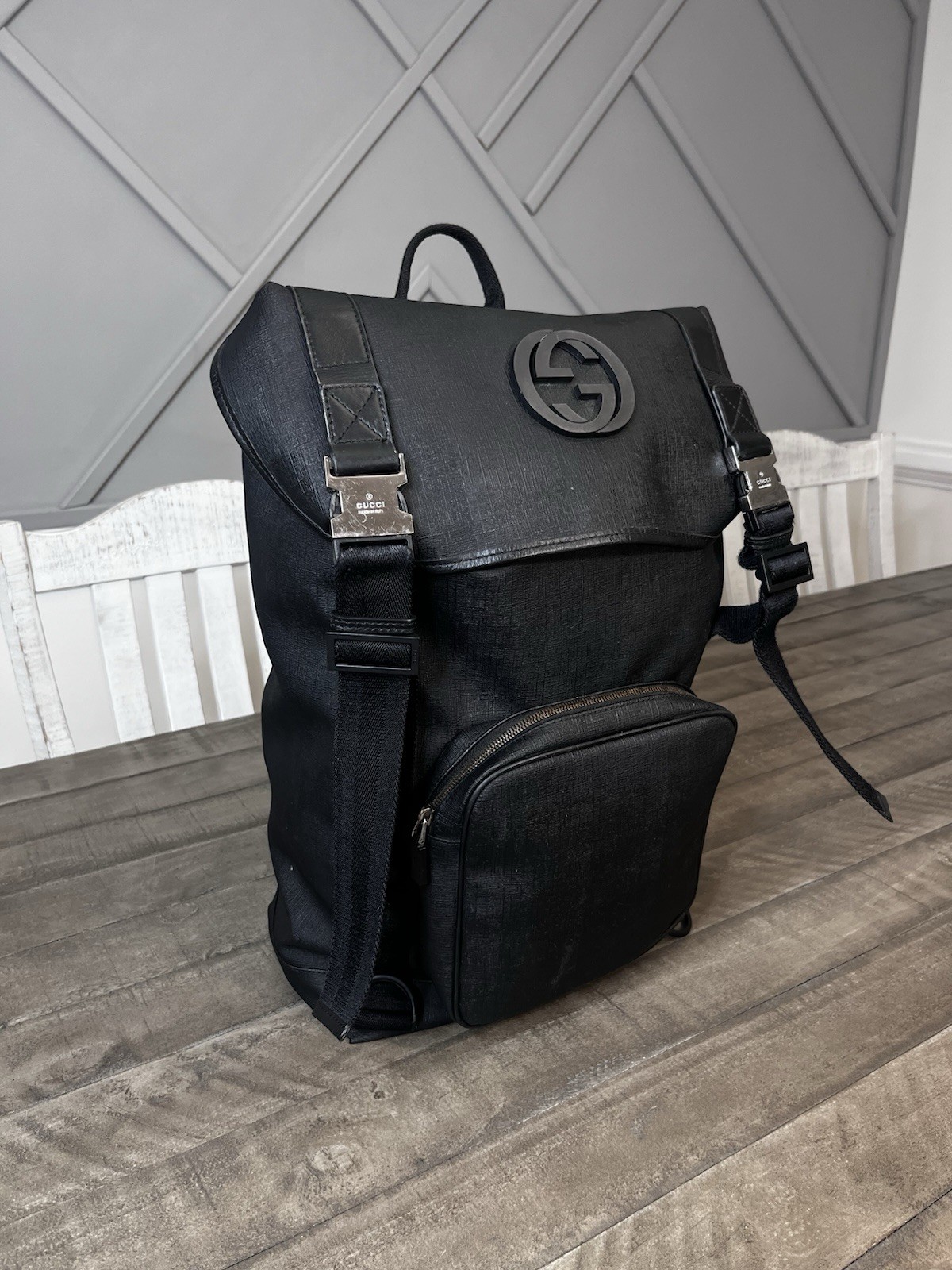 Gucci Interlocking G Backpack Black Coated Canvas Large Travel Bag 246321