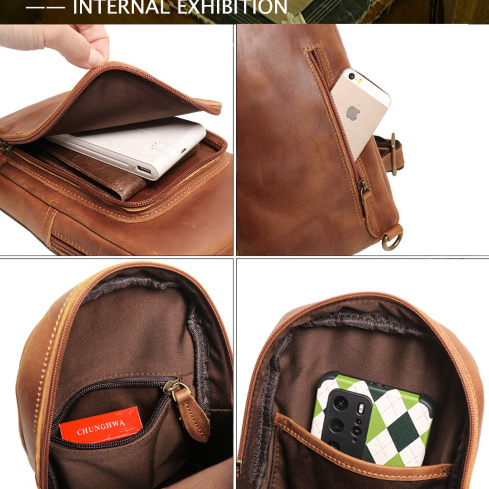 Men’s Leather Chest Sling Bag Crossbody Travel Backpack Shoulder Pack