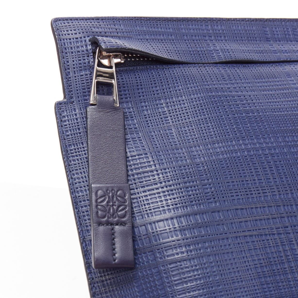 LOEWE T Pouch navy textured checkered leather silver zip wrist clutch bag
