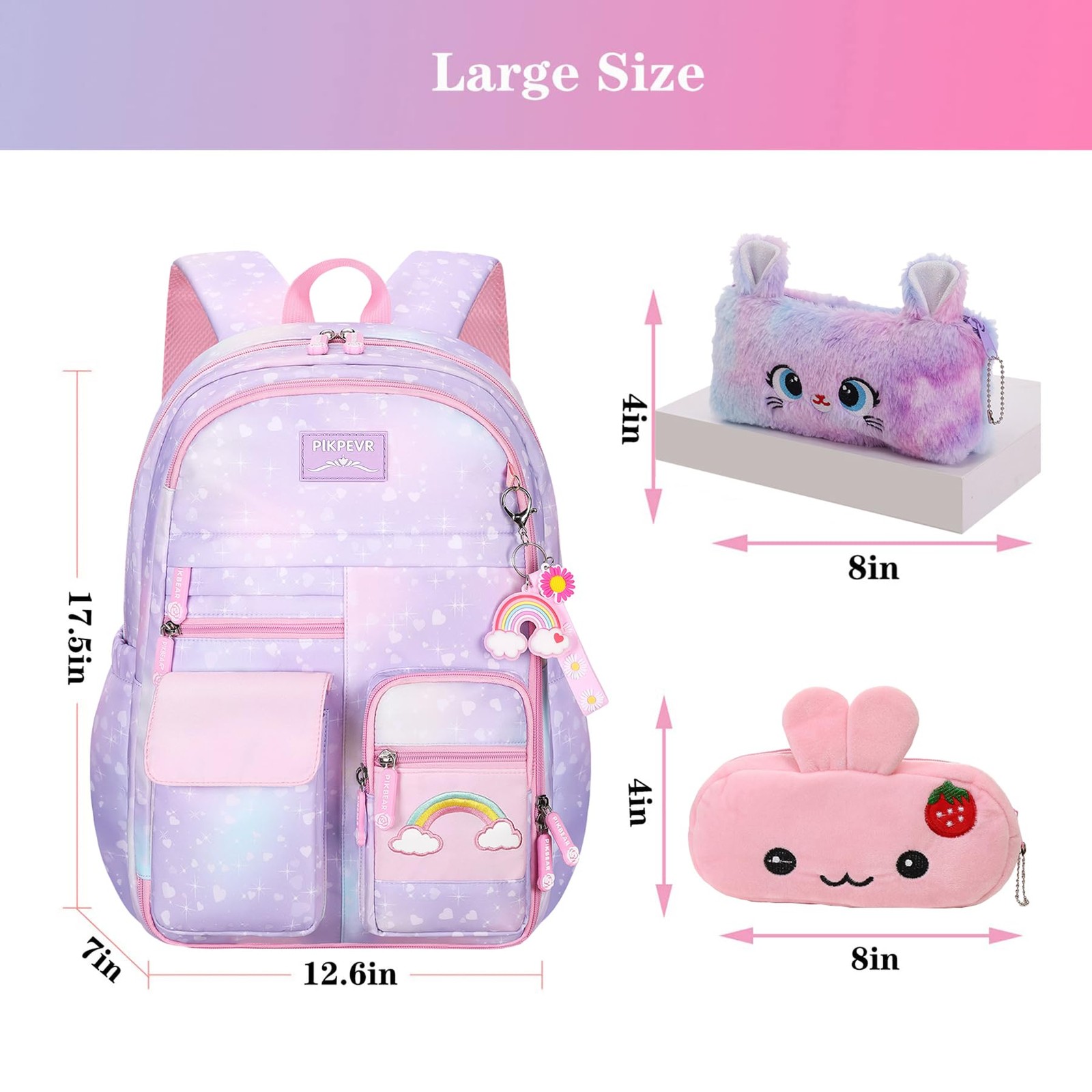 Girls Rainbow School Backpack for Elementary,Kawaii Bookbag 17.5in