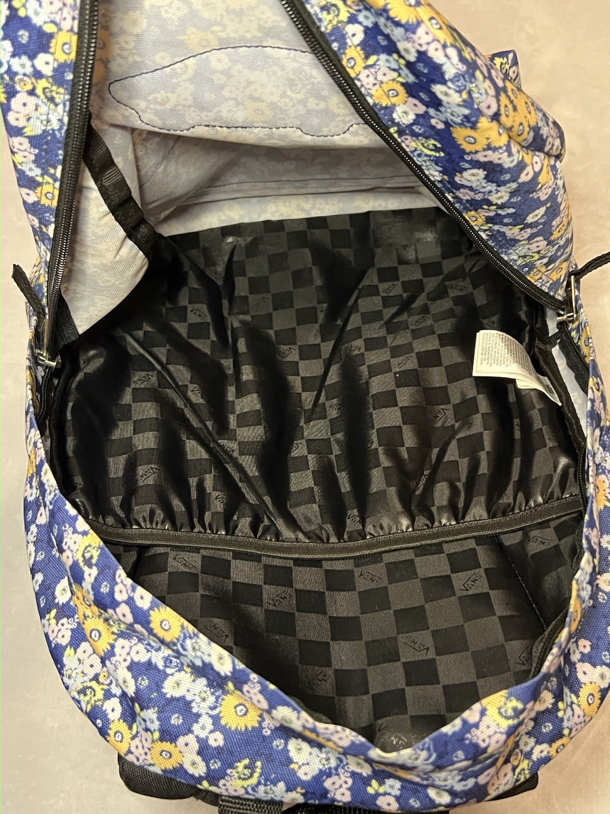 VANS Floral Backpack Blue/Yellow White Pattern Zip Closure Inner/Outer Pockets