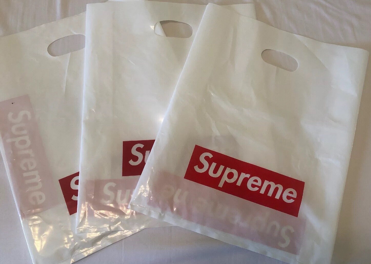 3 Supreme Plastic Tote Shopping Bag Box Logo + 6 Stickers 100% Authentic Sticker