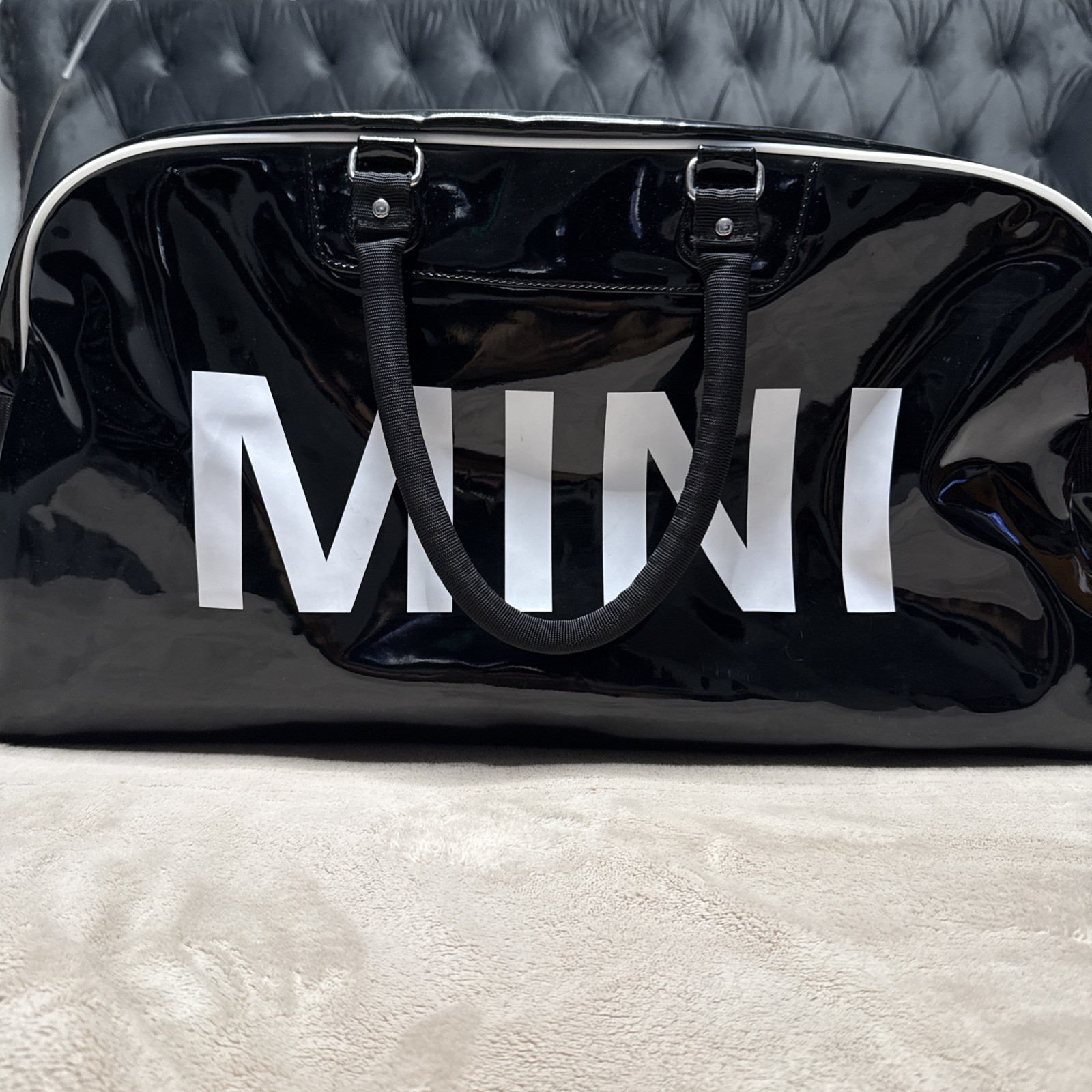 MINI Cooper Black Patent Duffel Bag Large 27” Weekender Red Lining Strap