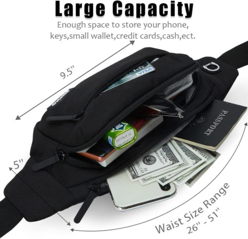 SINNO Large Crossbody Fanny Pack for Women Men Belt Black(4 Zipper Pockets)