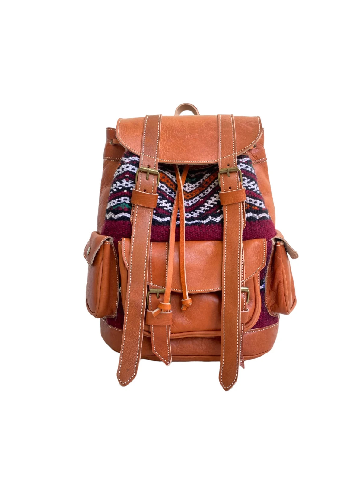 Handcrafted Genuine Leather & Red Kilim Backpack – Cognac | Leather Strap
