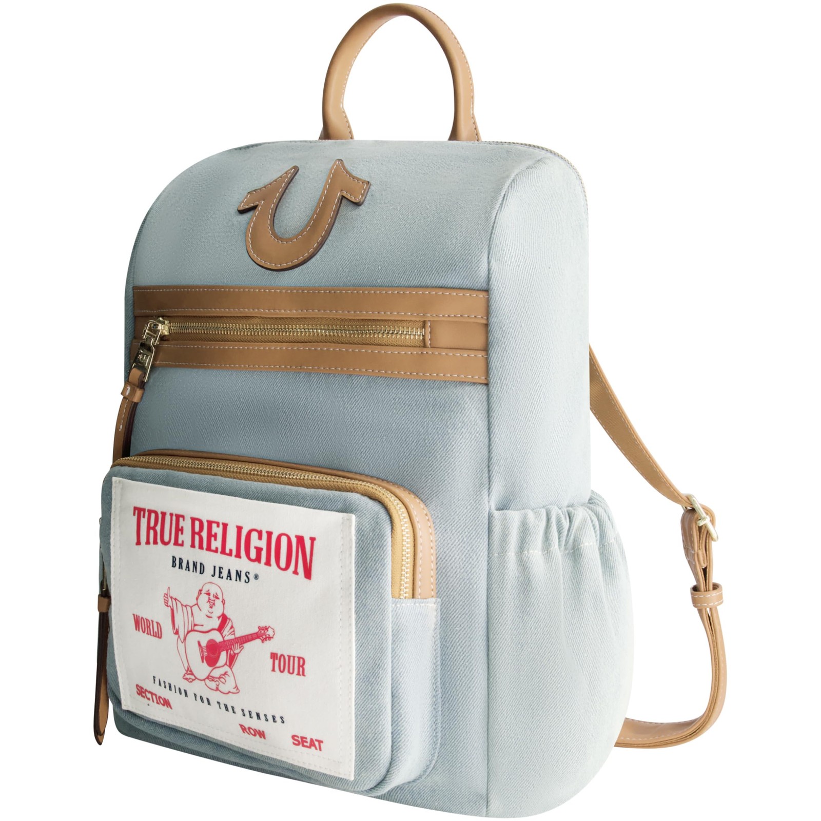 Backpack, Buddha Patch Bag with Horseshoe Logo and Zip Pocket Travel Bag, Denim