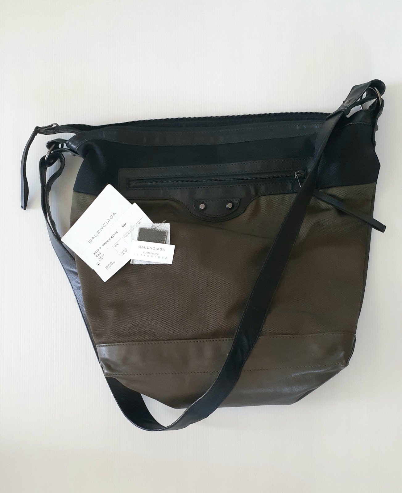 Balenciaga Olive Green Cross Body Canva Bag. long Black Leather Strap. Useful.