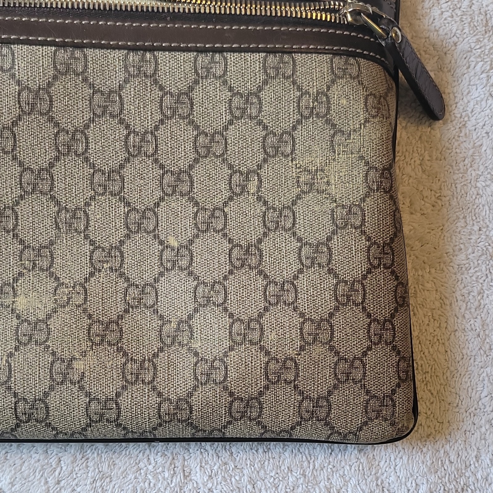Gucci GG Monogram Messenger Bag Beige/Brown Zip Shoulder Crossbody Strap