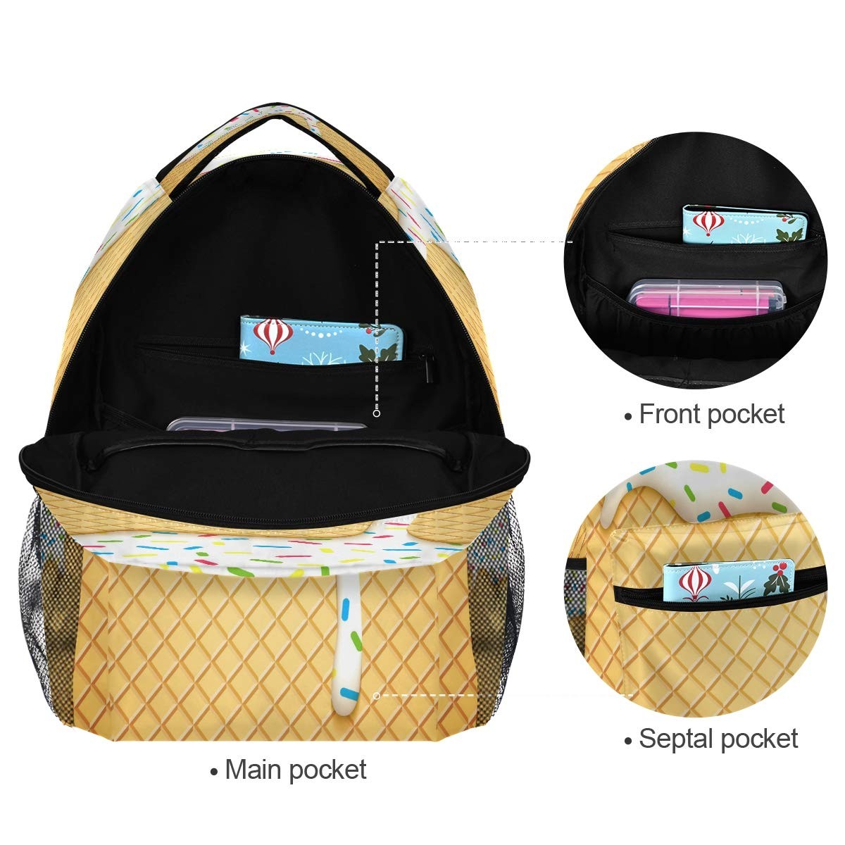 Ice Cream Cone Backpack Bookbags Laptop Boys Girls Teens Water Resistant