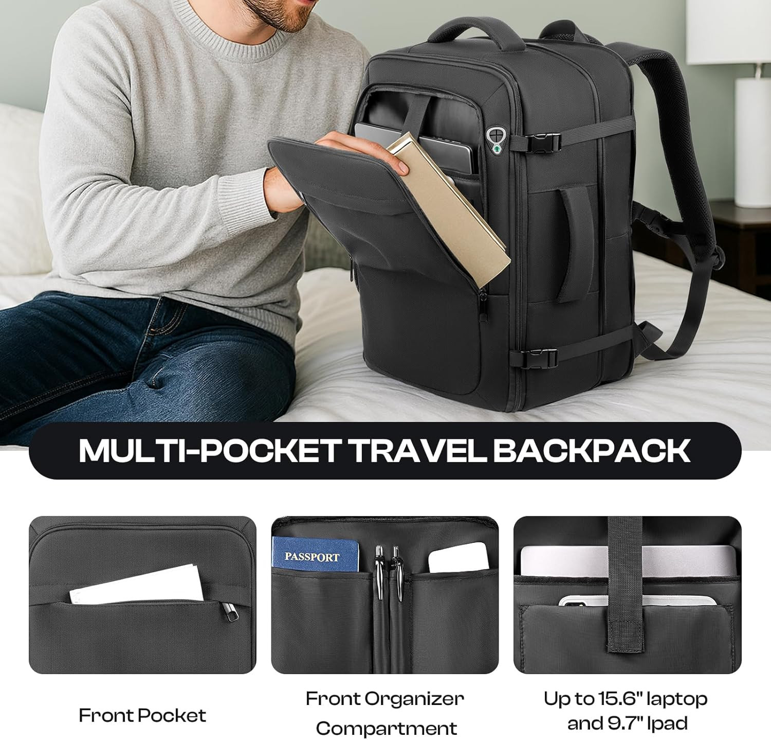 Carry On Backpack 40L-50L TSA Approved Travel Laptop Bag 17.3 Inch Black