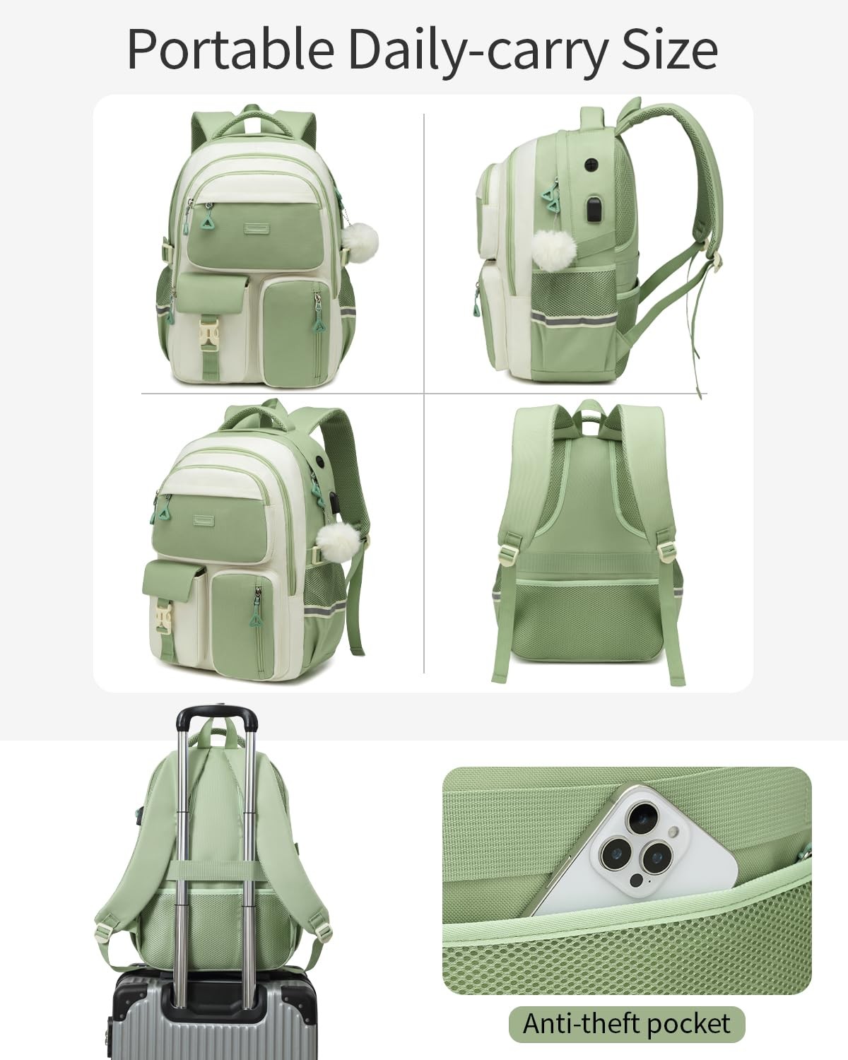 Girls Middle High School Backpack College Bookbag Mochila GreenWhite Gifts