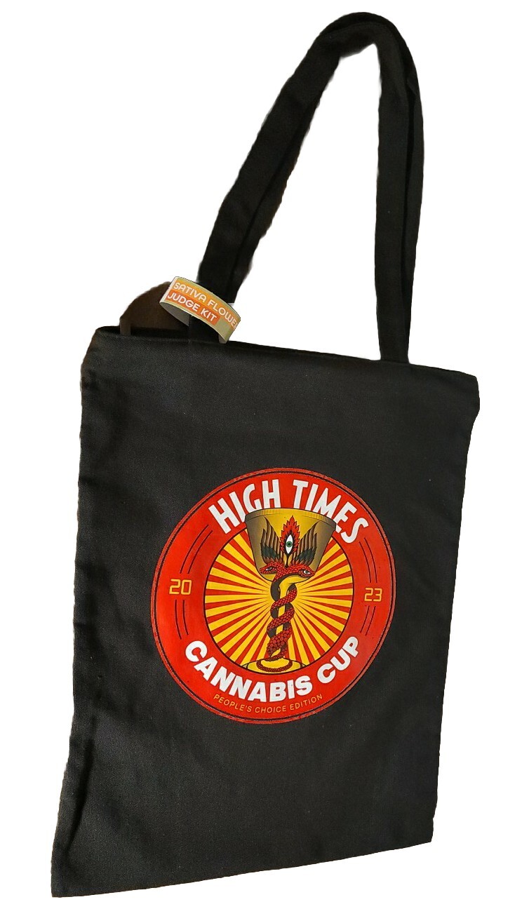 High Times Arizona 2023 Cannabis Cup Black Judges Tote Bag With Swag & Stickers.