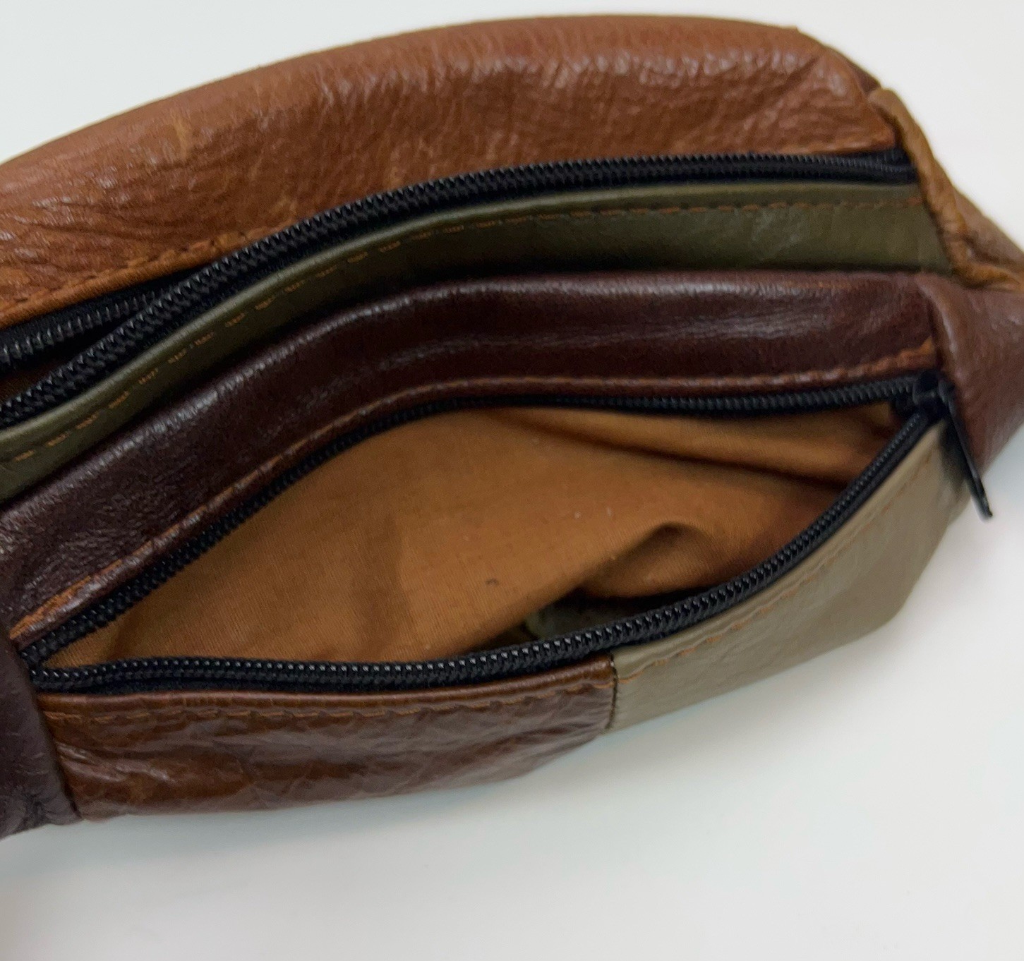 Vtg LEATHER Fanny Pack 90s Suede Patchwork Brown Waist Bag Straps Multi Pockets