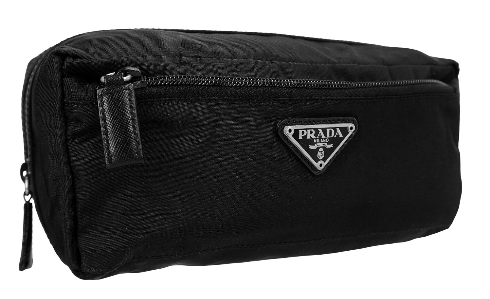 New PRADA Black Tessuto Nylon Leather Travel Toiletry Dopp Clutch Bag Italy