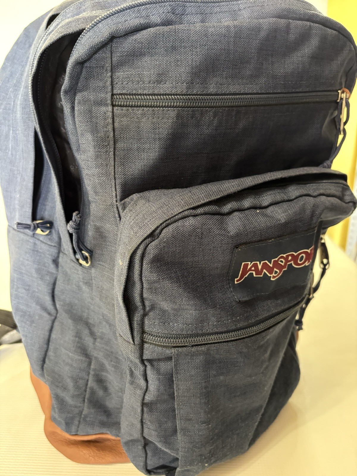 VTG JANSPORT Cool Student Blue Canvas Backpack Tan Faux Leather Laptop Pocket