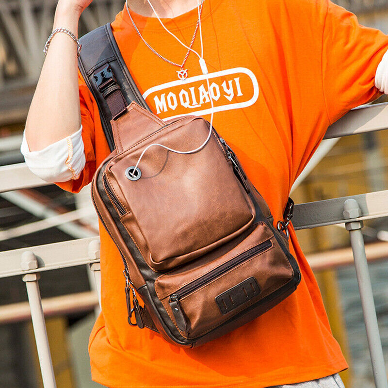 Men’s Sling Backpack PU Leather Large Capacity Cross Body Bag Chest Shoulder Bag